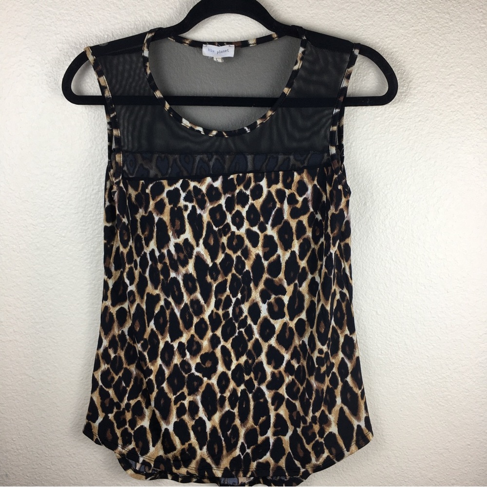 Blu Planet Sleeveless Blouse Black Brown Animal Print Mesh Insert Top Size L